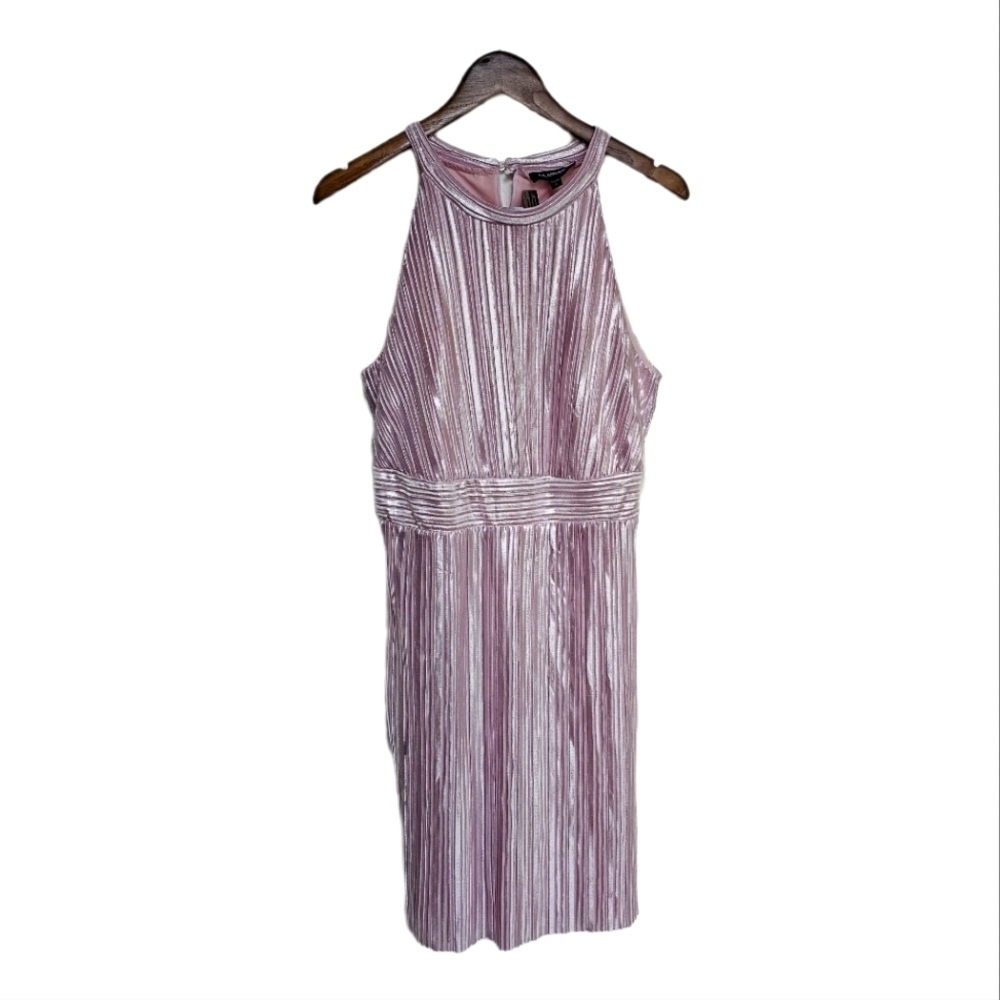 Metallic pink lavender pleat halter midi dress 12 NWT